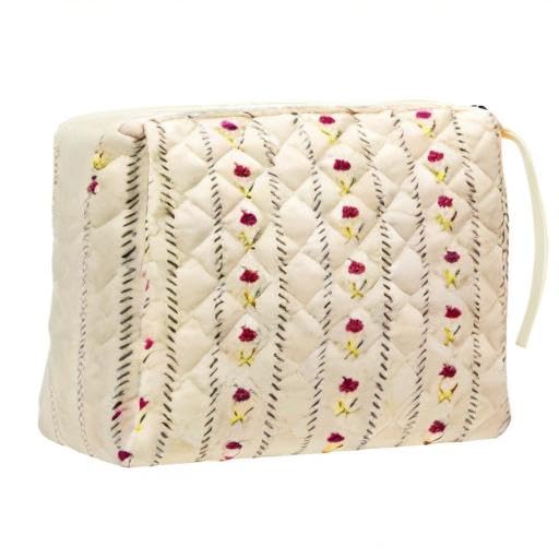 PAZIMIIK Cotton Makeup Bag for Women Large Quilted Travel Cosmetic Pouch Girls' Make Up Organizer,Little Flower Beige