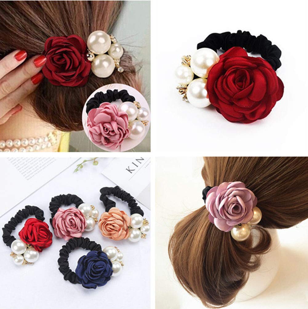 LOVEF 4Pcs Korean Fashion Pearl Hair Rope Rose Flower Rhinestone Hair Ties/ Jewelry Rubber Band