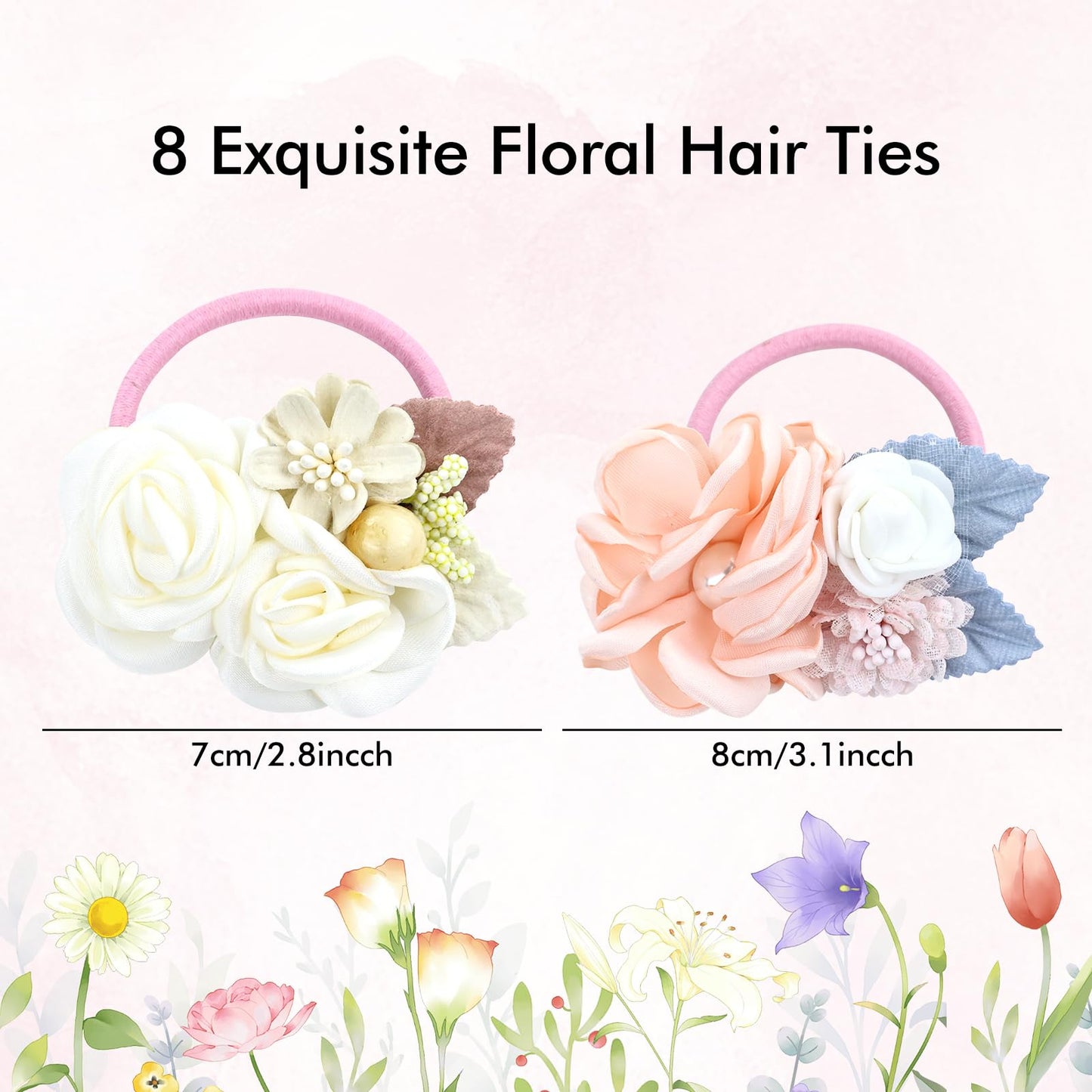 Cinaci 8 Pack Decorative Pearl Flower Hair Ties Rubber Bands Floral Ponytail Holders Hair Scrunchies Ropes Elastics Accessories for Toddlers Kids Teens Girls