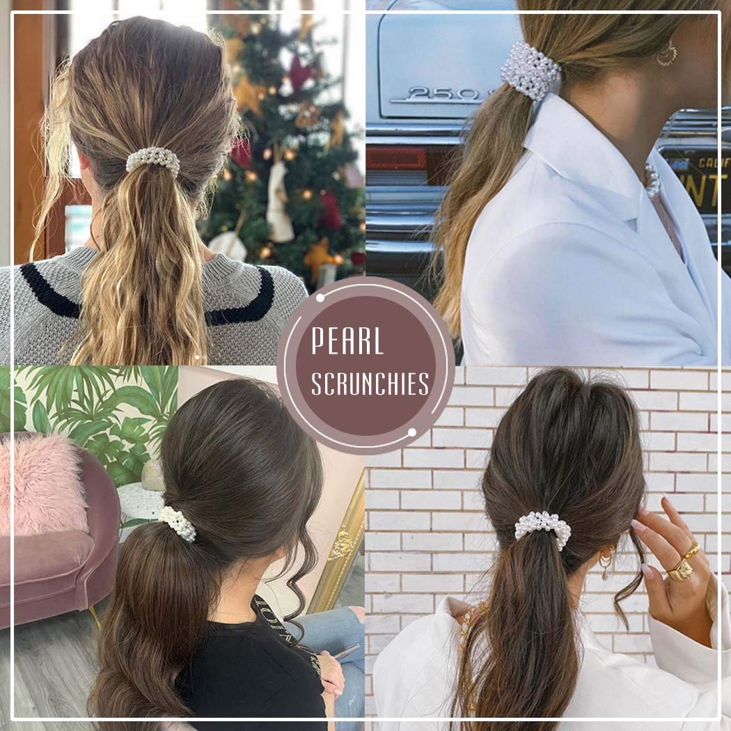 Brinie Pearl Hair Ties Champagne Elastic Scrunchies Stretchy Bands Bead Ropes Hair Accessories for Women and Girls (Pack of 3) (set1)