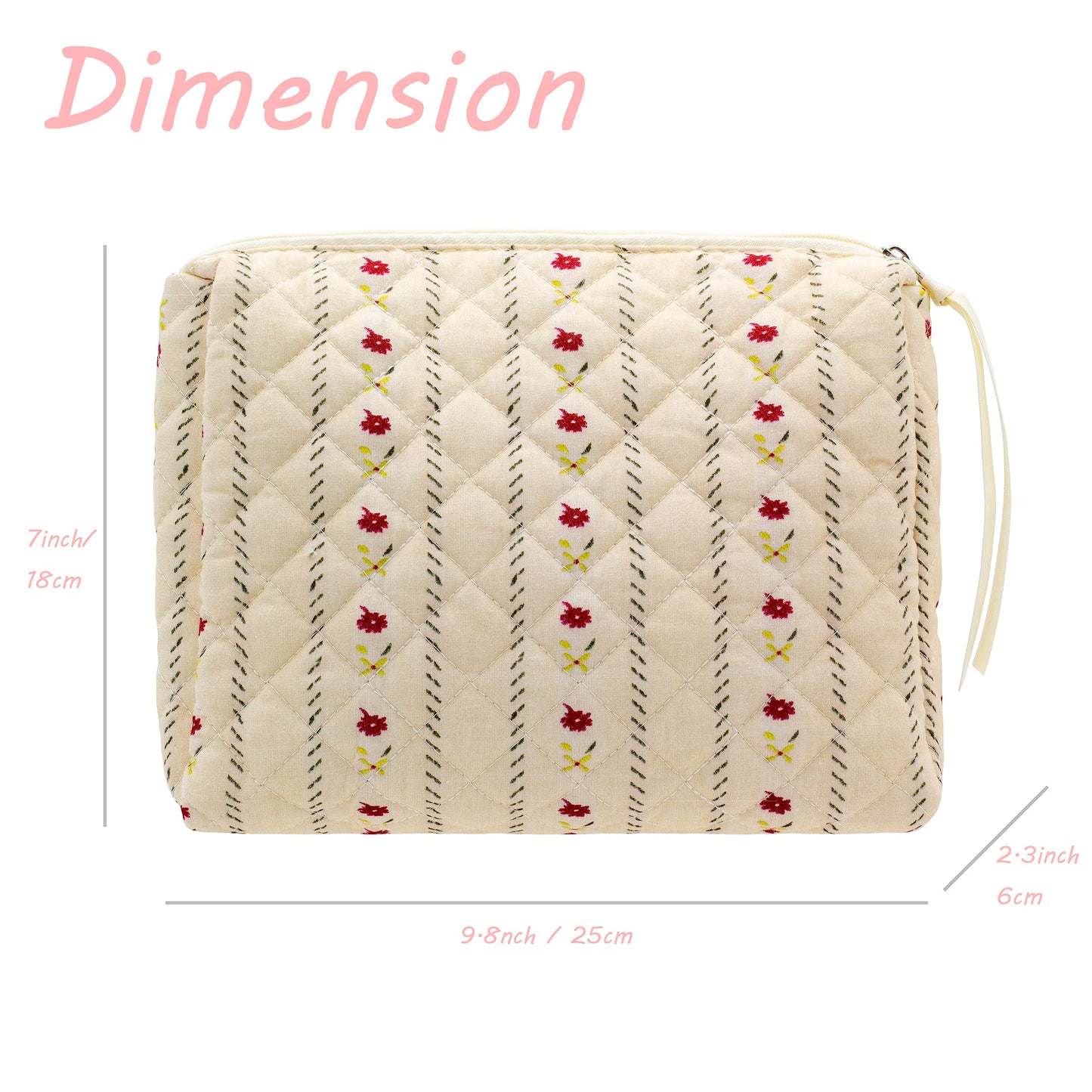 PAZIMIIK Cotton Makeup Bag for Women Large Quilted Travel Cosmetic Pouch Girls' Make Up Organizer,Little Flower Beige
