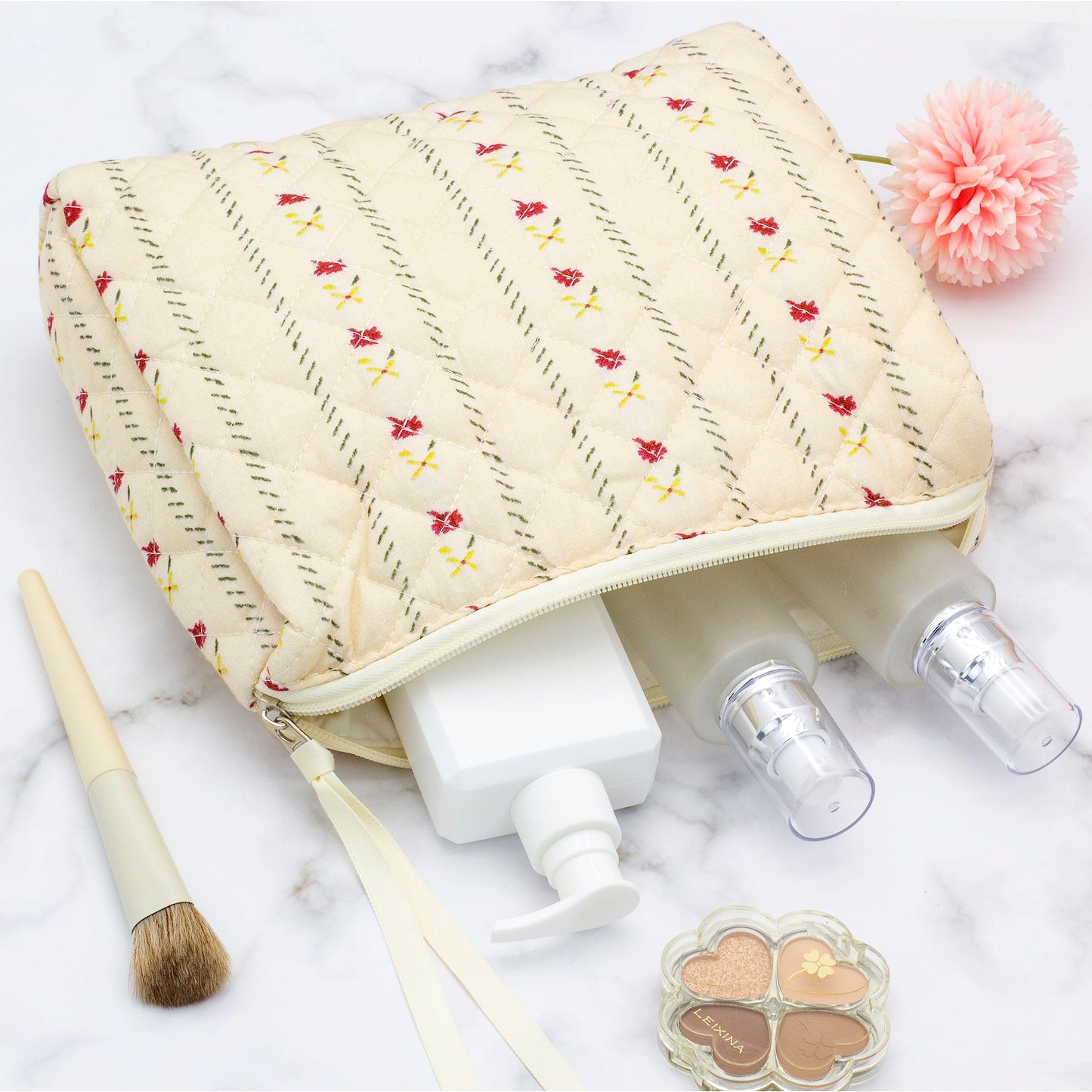PAZIMIIK Cotton Makeup Bag for Women Large Quilted Travel Cosmetic Pouch Girls' Make Up Organizer,Little Flower Beige