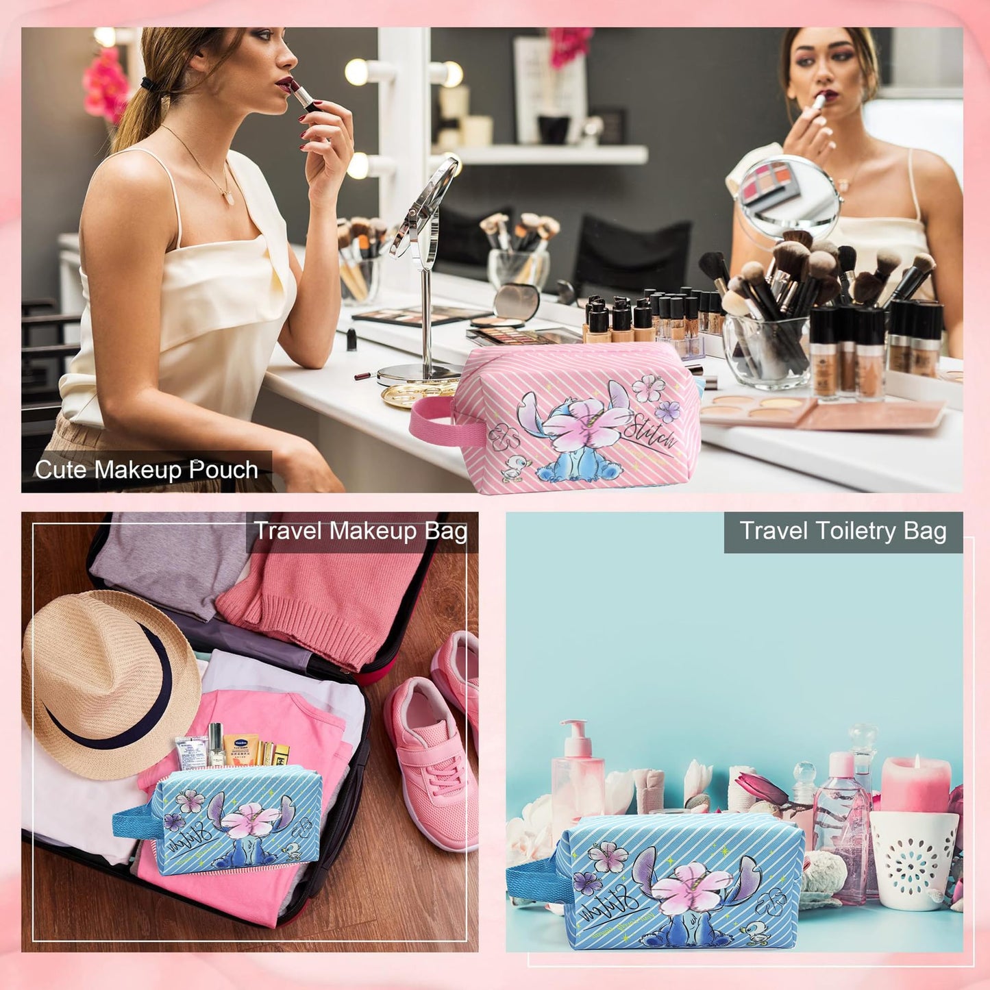 MOBRWUVS Travel Cosmetic Bag, Large Capacity Cartoon Cosmetic Pouch Makeup Bag with Zipper, Travel Toiletry Bag Makeup Accessories Organizer, The Best Gift for Women (Blue and Pink)