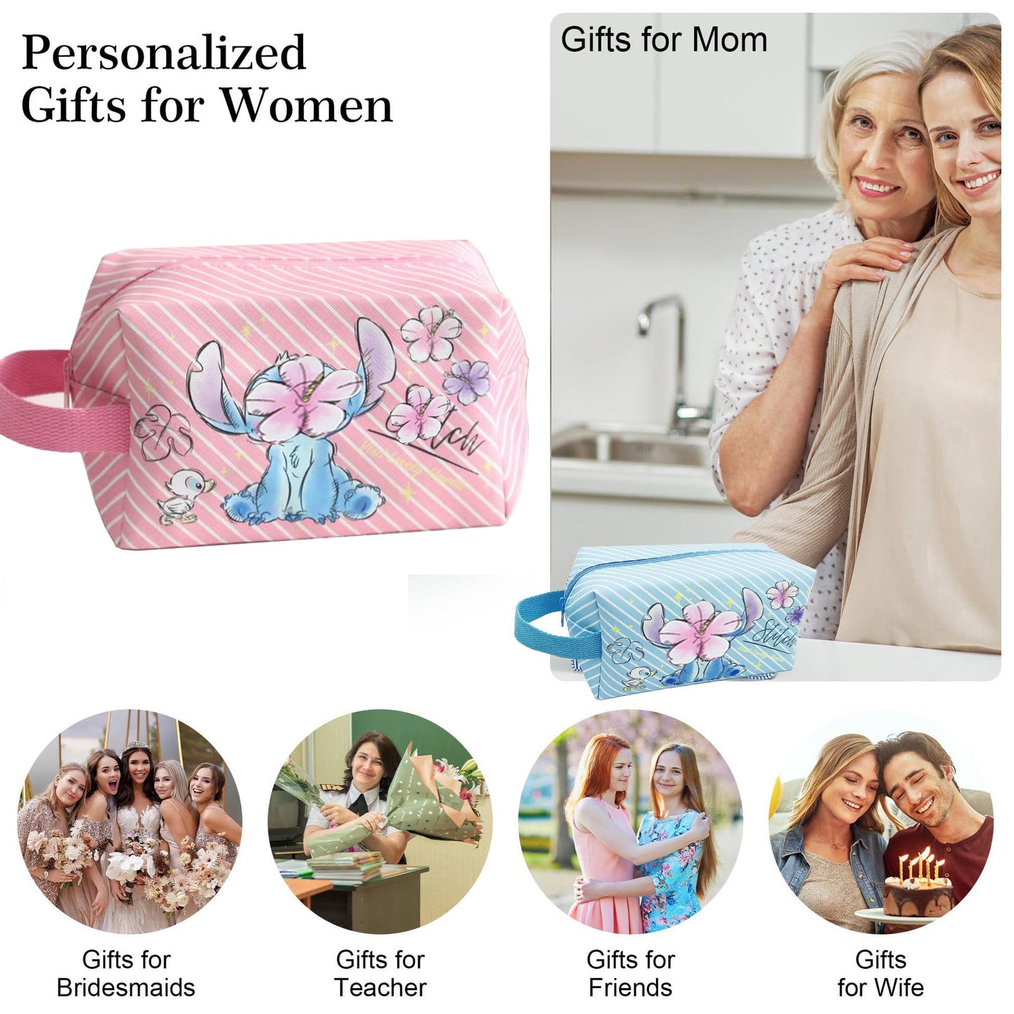 MOBRWUVS Travel Cosmetic Bag, Large Capacity Cartoon Cosmetic Pouch Makeup Bag with Zipper, Travel Toiletry Bag Makeup Accessories Organizer, The Best Gift for Women (Blue and Pink)