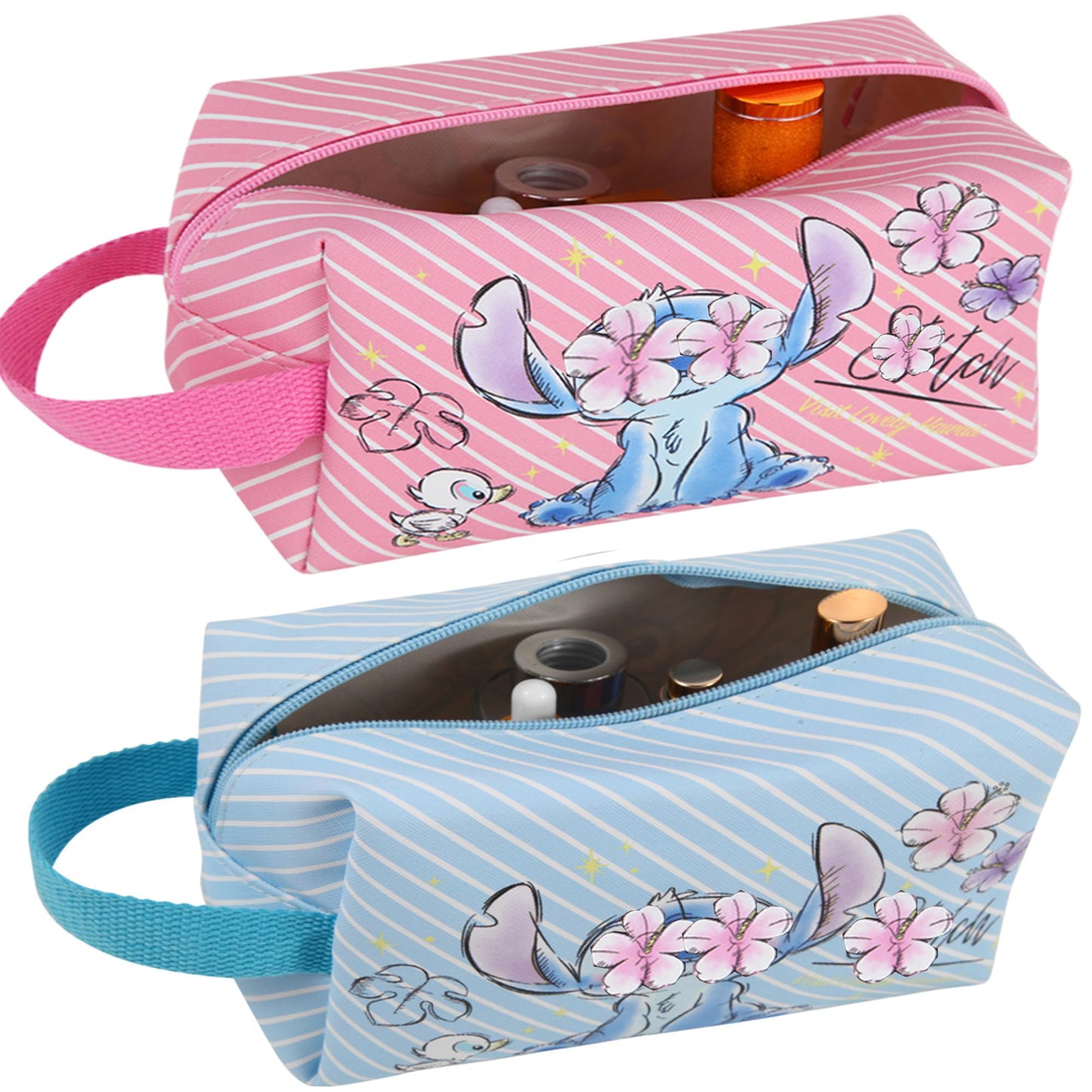 MOBRWUVS Travel Cosmetic Bag, Large Capacity Cartoon Cosmetic Pouch Makeup Bag with Zipper, Travel Toiletry Bag Makeup Accessories Organizer, The Best Gift for Women (Blue and Pink)