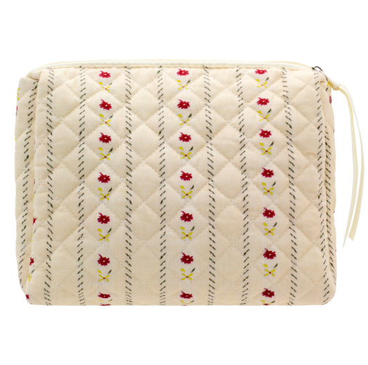 PAZIMIIK Cotton Makeup Bag for Women Large Quilted Travel Cosmetic Pouch Girls' Make Up Organizer,Little Flower Beige